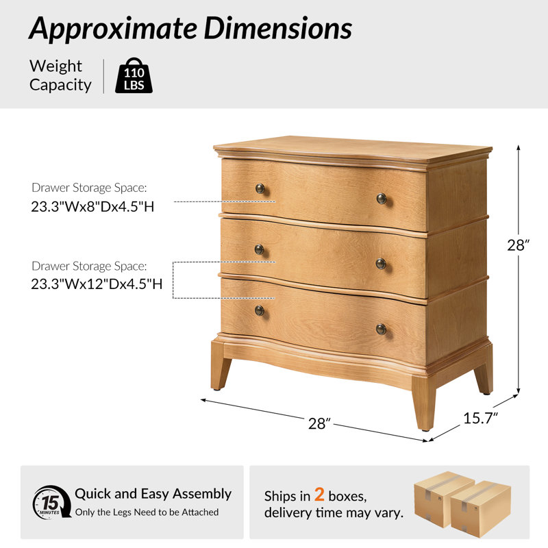 Elfine Transitional 28"W Curved 3-Drawer End Table with Charging Station and Simple Assembly, Teak
