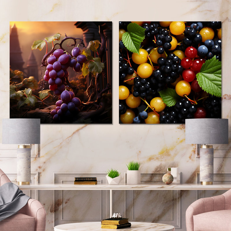 Fruits Royal Grapes Vineyard I - Ensemble de 2 impressions sur toile de fruits, Toile tendue, H 16 po x l 33 po x P 1 po