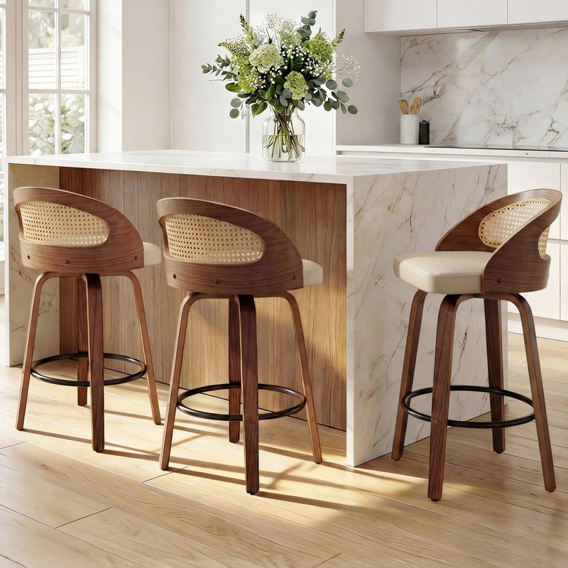 Swivel Upholstered Counter Stool with Solid Wood Frame, Counter Stool (63.5cm Seat Height), Beige Faux Leather
