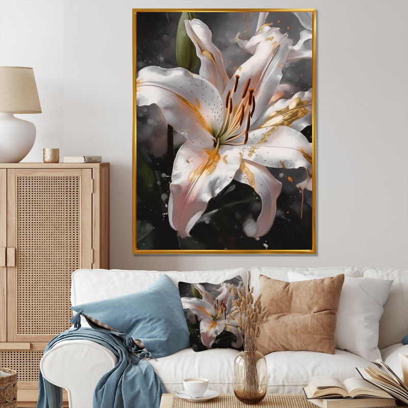 Lys blancs gracieux I - impression, H 32 po x l 16 po x P 1 po, Cadre flottant doré