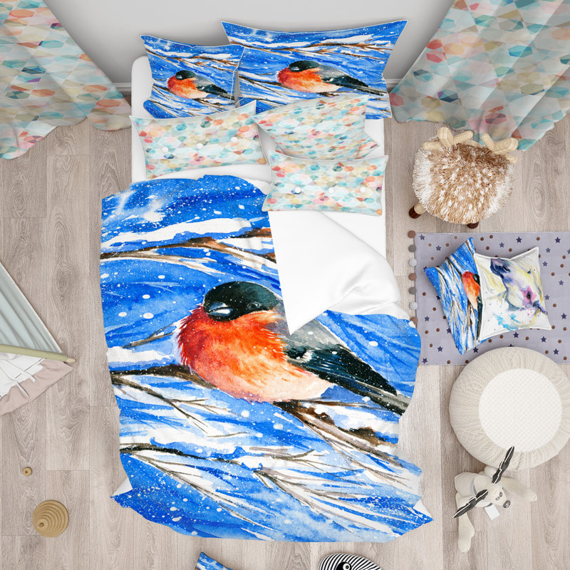 Ensemble de housse de couette Designart Bullfinch in Snow Storm, Housse de couette grand + 2 taies décoratives