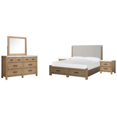 Wilmot Queen Upholstered Panel Storage Bed 2 Nightstands And Drawer Dresser With Landscape Mirror