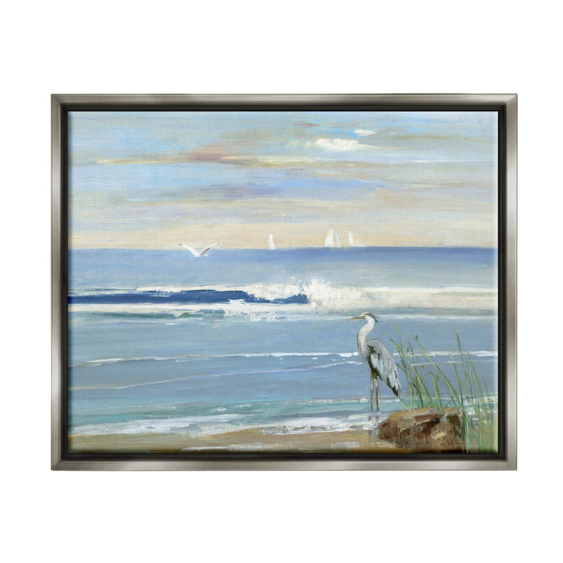 Héron éclaboussant les vagues de la plage, estampe numérique par Sally Swatland, H 17 po x l 21 po x P 1,7 po
