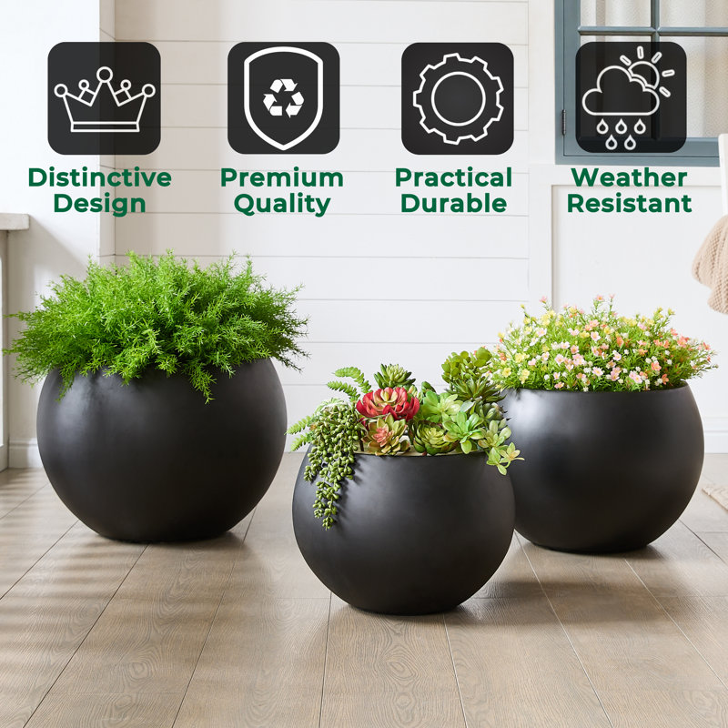 Fiberstone Sphere Planter, Dia Round Flowerpot with Drainage Hole, Large Planters for Indoor Outdoor Use, Extra Large, Black