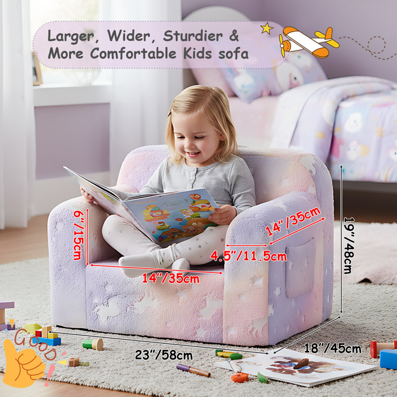 Kids Sofa Toddler Chair, Children Couch With Side Pockets, Twill Pegasus