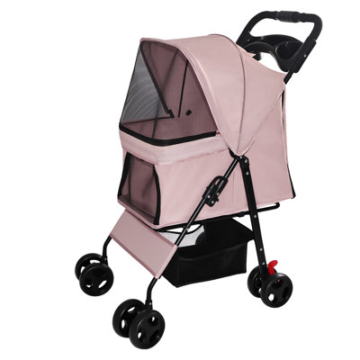 Poussette pliable rose pour animaux de compagnie pour petits chiens et chats, capacité de charge de 4 roues de 28 lb avec rangement et frein, pour la marche