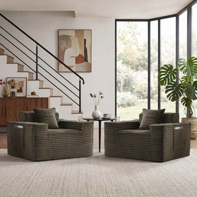 Fauteuil surdimensionné en velours côtelé de 43 po de largeur avec coussin, canapé simple désossé et rembourré avec 2 porte-gobelets pour le salon, la chambre à coucher, un appartement, un bureau