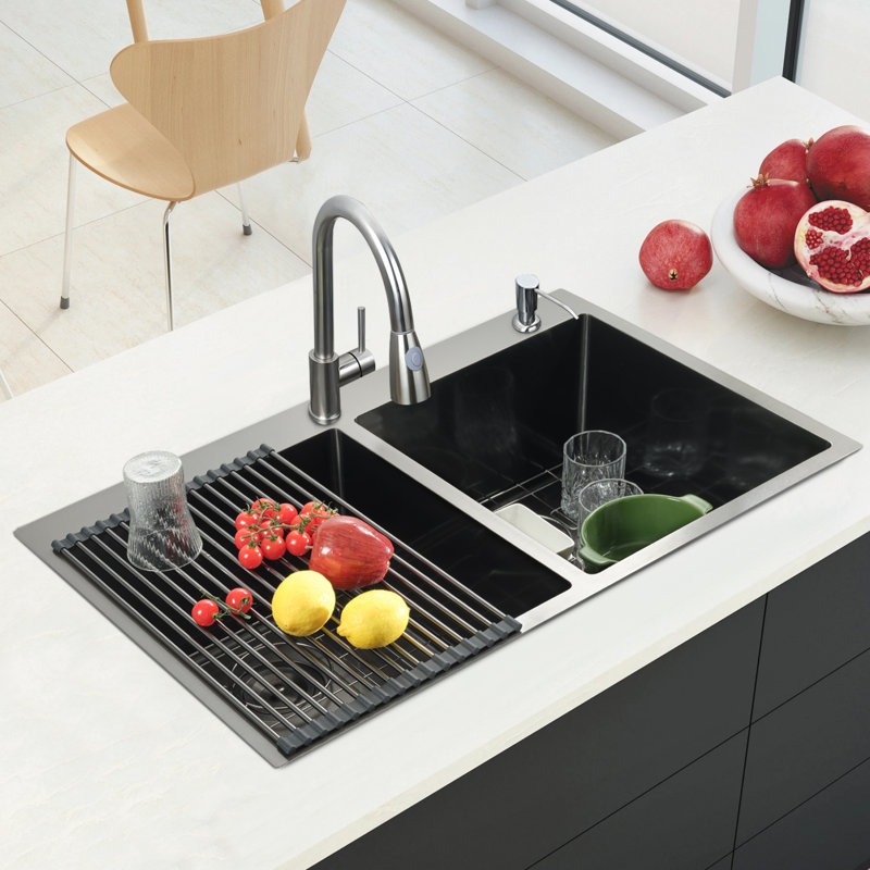 33 in. Drop-In/Undermount Double Bowl 16 Gauge 304 Stainless Steel Kitchen Sink with Accessories, Gunmetal Black