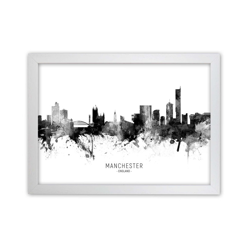 Manchester England Skyline Black White City Name by Michael Tompsett - Print, 25cm H x 34cm W x 3cm D, White Framed