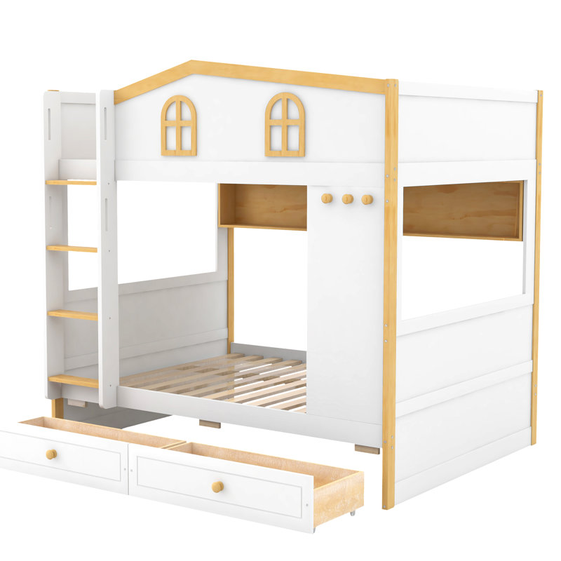 Lit superposé double au-dessus de double avec garde-corps en forme de maison, tablettes et tiroirs de rangement, blanc et naturel