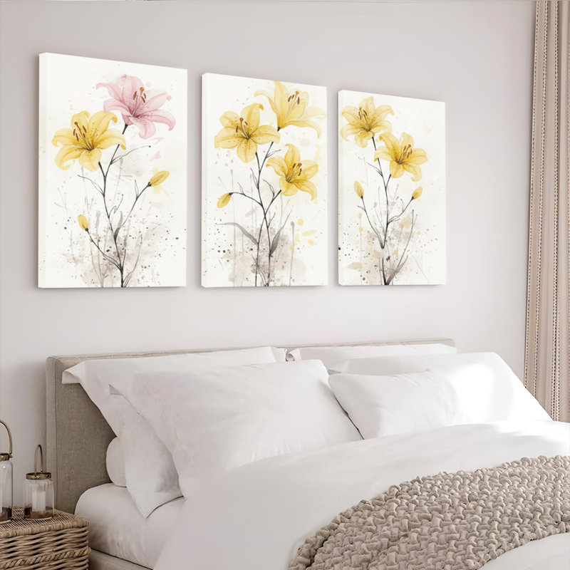 Tableau mural sur toile tendue à motif floral de lys à l'aquarelle (paquet de 3), H 18 po x l 36 po