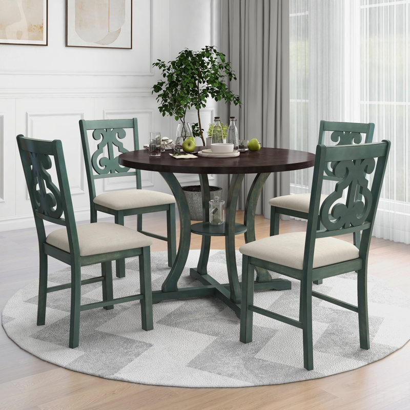 Table de salle à manger 5 pièces et 4 chaises en tissu avec pieds de table et tablette de rangement, Beige / vert / brun