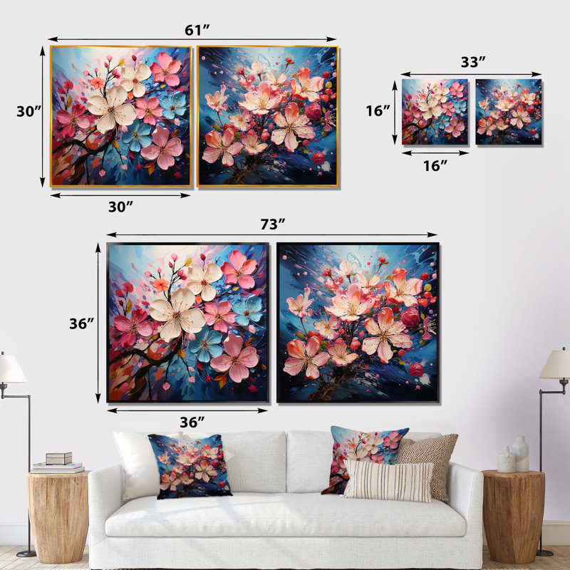 Fleur de pommier fauve délice - ensemble de collage floral carré de 2, Cadre flottant doré, H 16 po x l 33 po