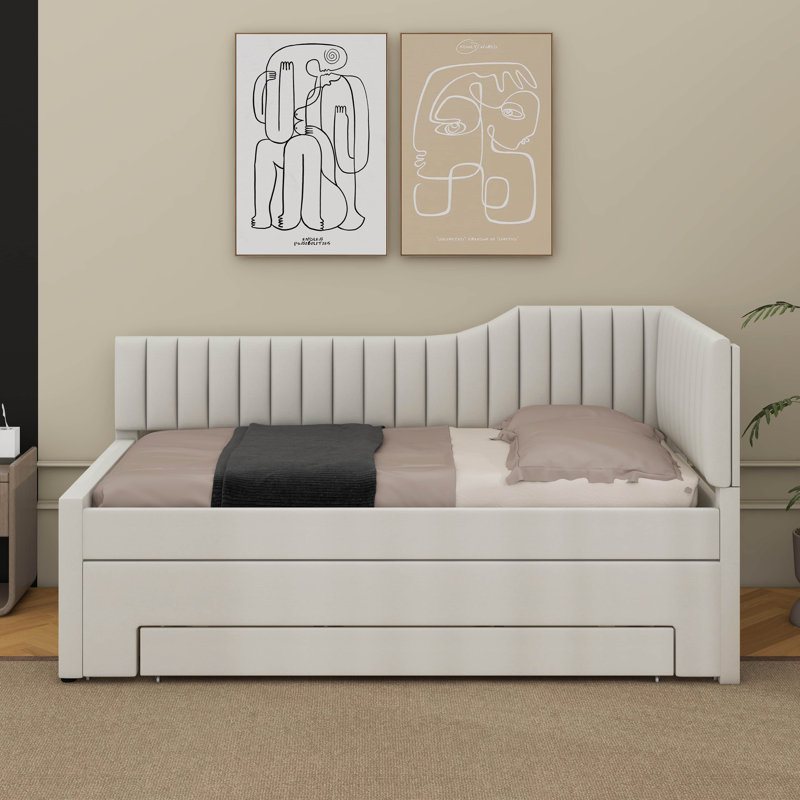 Upholstered Daybed With Trundle And Drawers, Beige, Twin