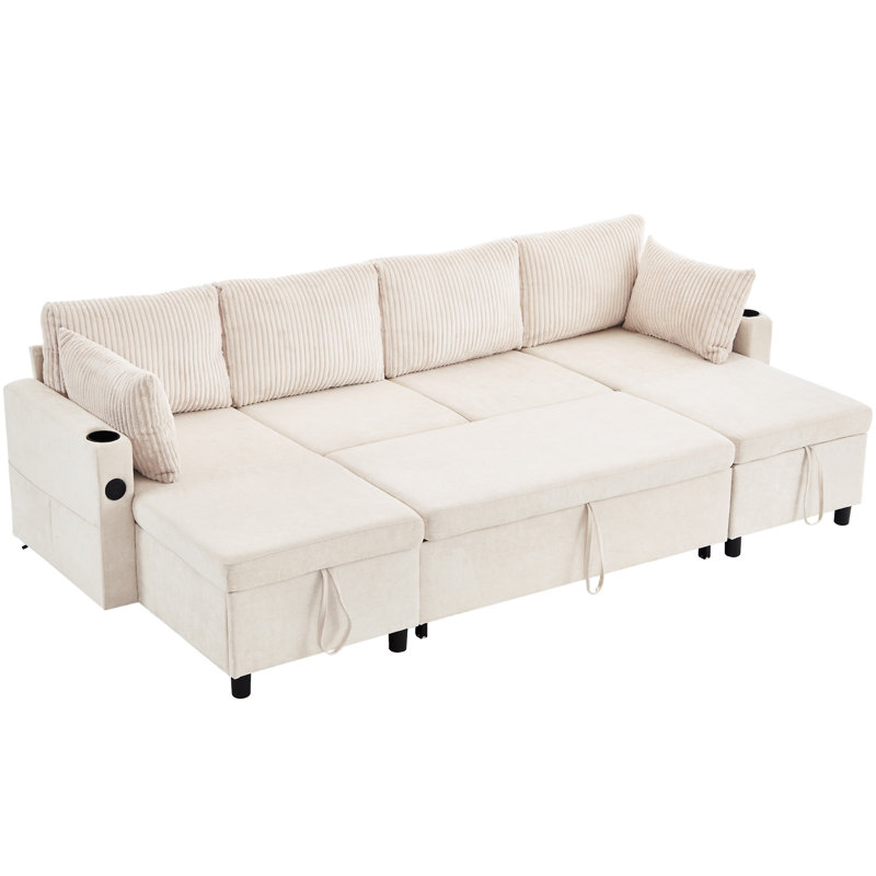 111.8" Sectional Sofa Pull-Out Sofa Bed Versatile Sofa Sleeper With Large Storage Space, Beige Chenille