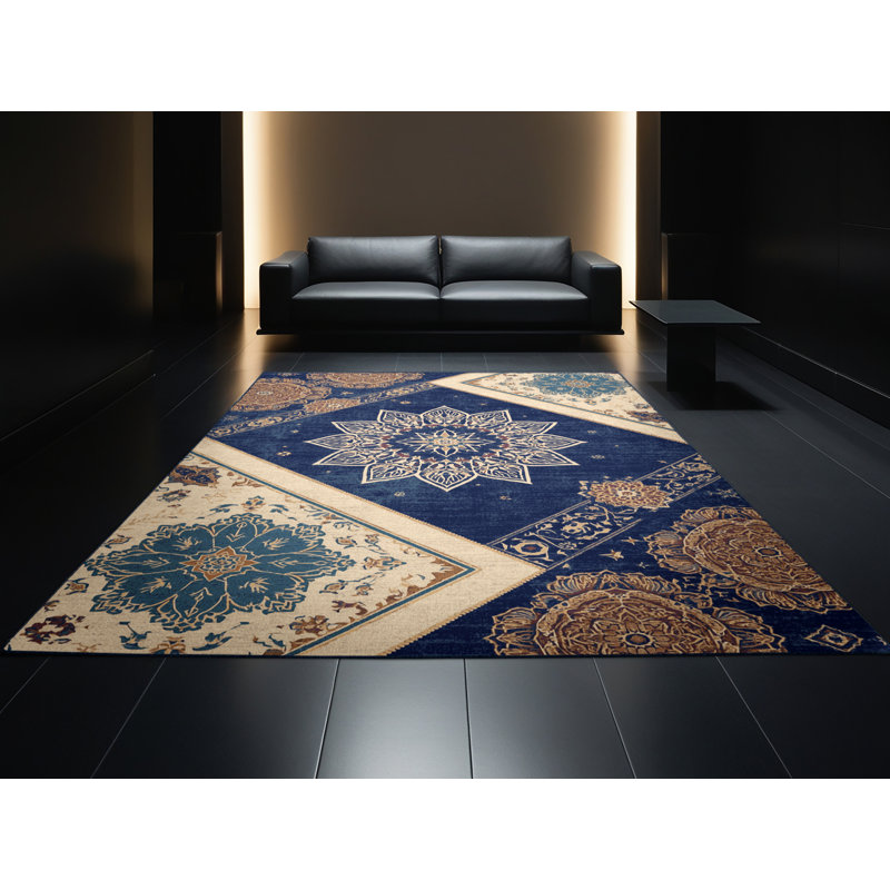 Machine Washable Bensonhurst Classic Oriental Rug in Gray – Navy Binding, 5' Round
