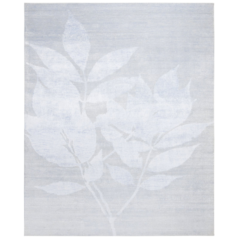 Rassuli Hand Knotted Viscose/Wool/Cotton Floral Rug in Light Grey/White, Rectangle 8' x 10'