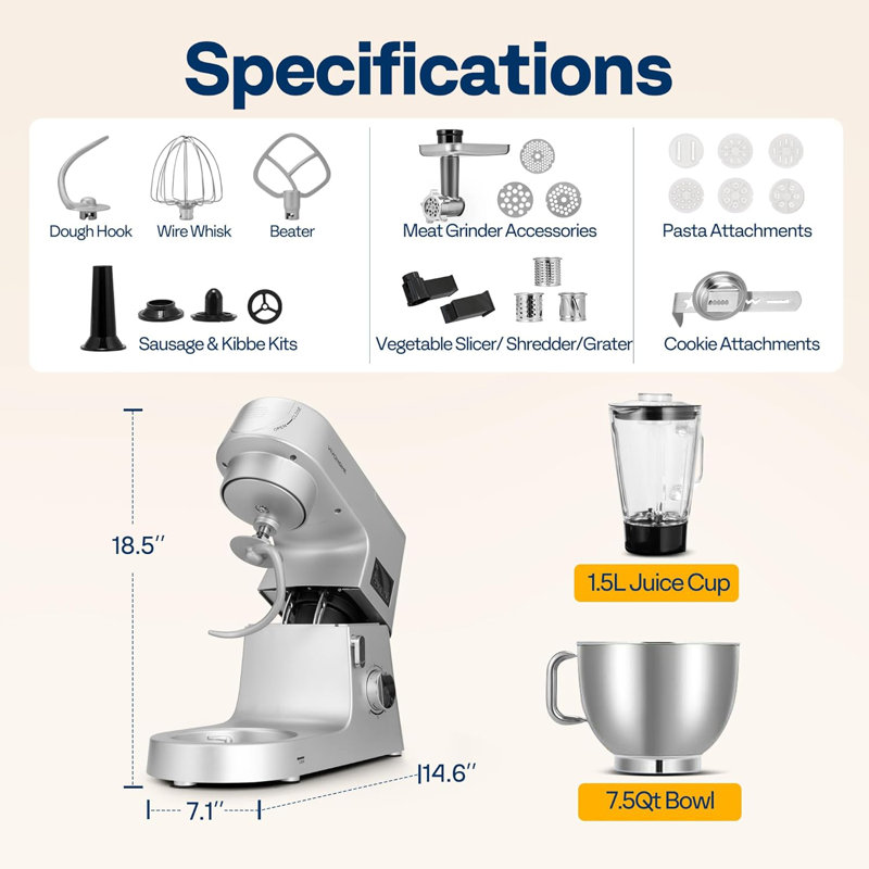 Batteur sur socle multifonctionnel 7,5 en 9 7,5 en 7,5, Argent argent