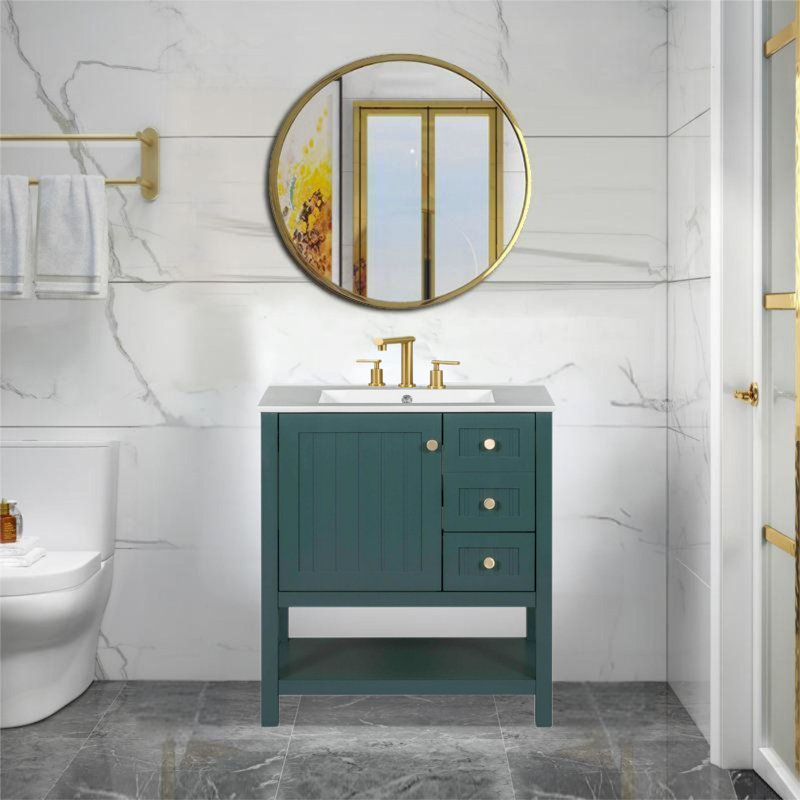 Meuble-lavabo 30 po avec lavabo en céramique, deux tiroirs et une porte d'armoire, Vert