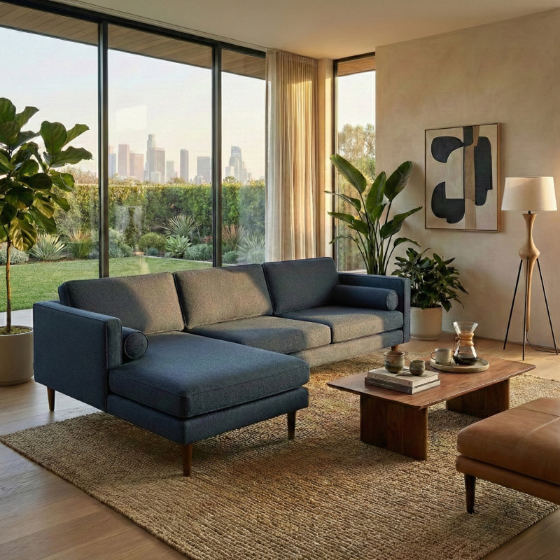 97.6'' Wide Linen Sofa & Chaise, Dark Blue Linen, Left Hand Facing