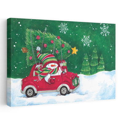 Bringing Home The Christmas Tree - Arbre de Noël contemporain avec bonhomme de neige au volant d'une voiture sur le toit