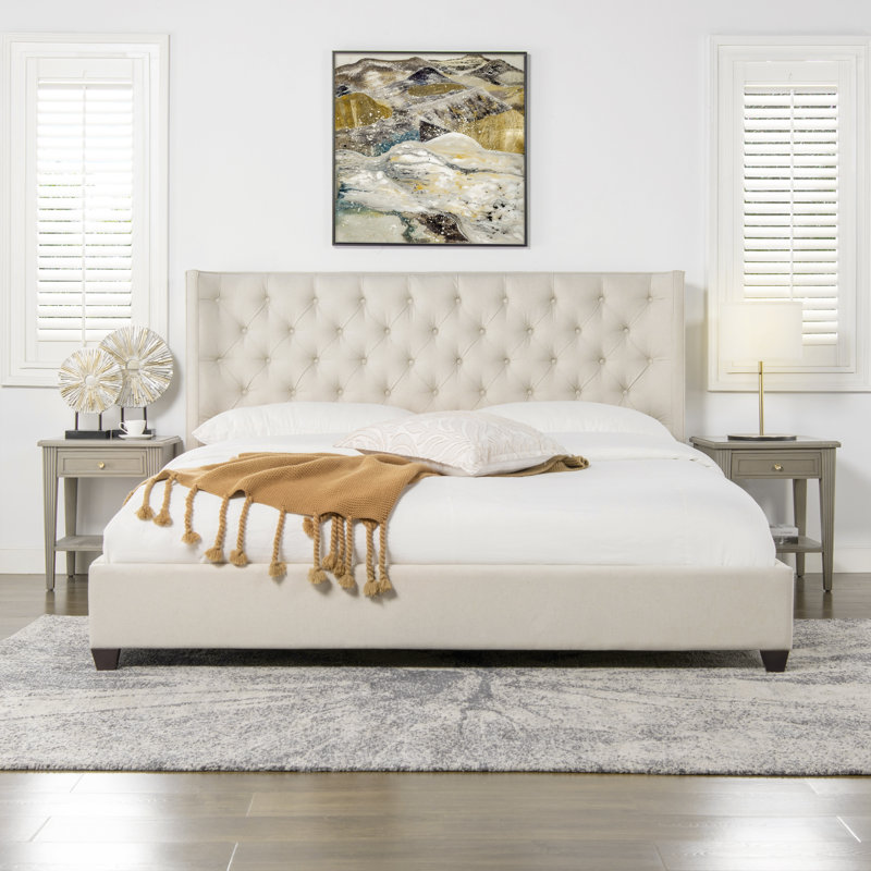 Naveen King Tufted Upholstered Platform Bed, Light Beige Linen