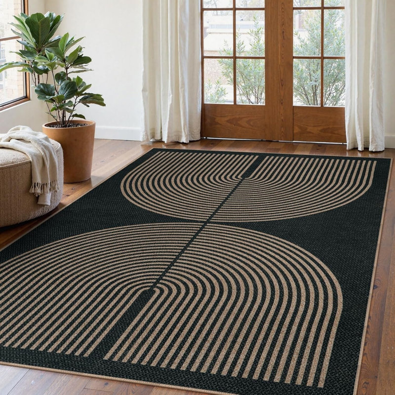 Black Tan Geometric Rug 5' x 7' for Study Dining Room, Black/Tan