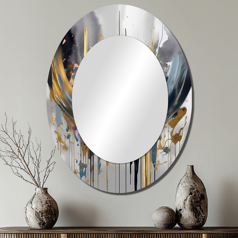 Shapes And Lines Abstract Marble III - Large Oval Wall Mirror On Metal, 40" x 30"