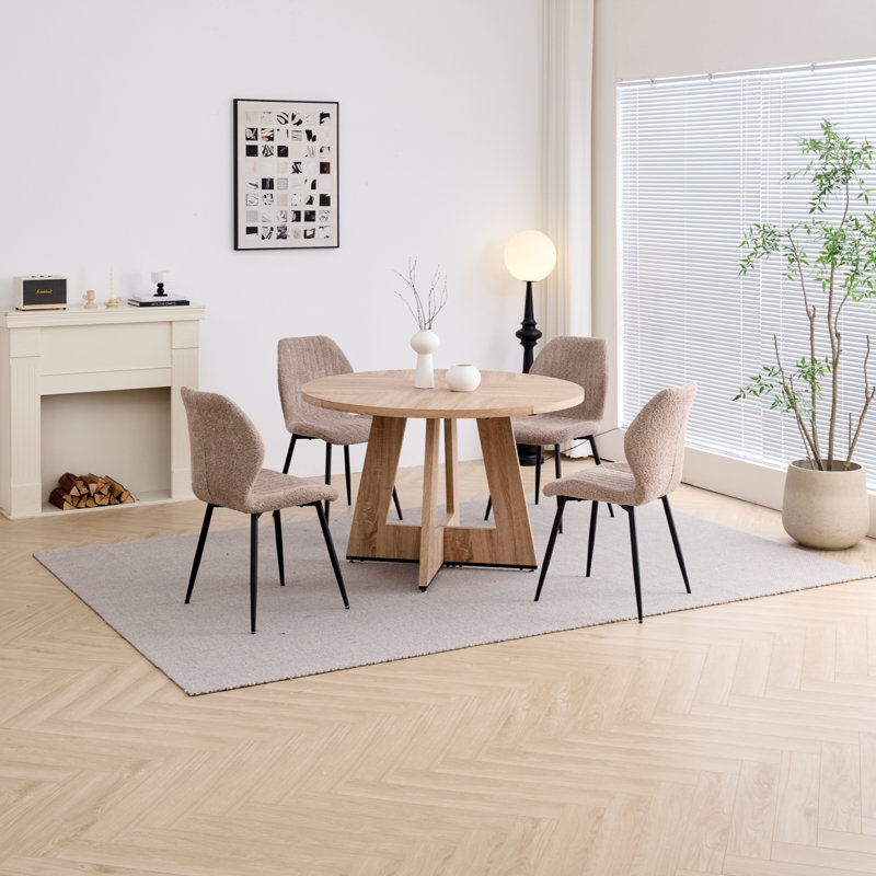 5 Piece 47'' Round Dining Table Set For 4, Farmhouse Kitchen Table With 4 Boucle Modern Dinning Room Chairs, Yellow