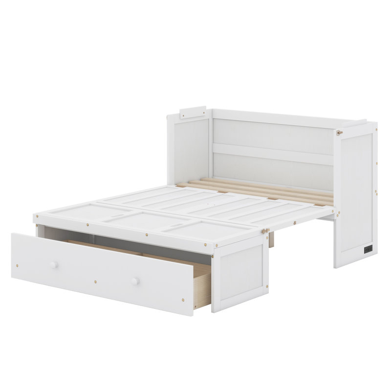 Lit escamotable avec port USB et grand tiroir, Blanc, Double