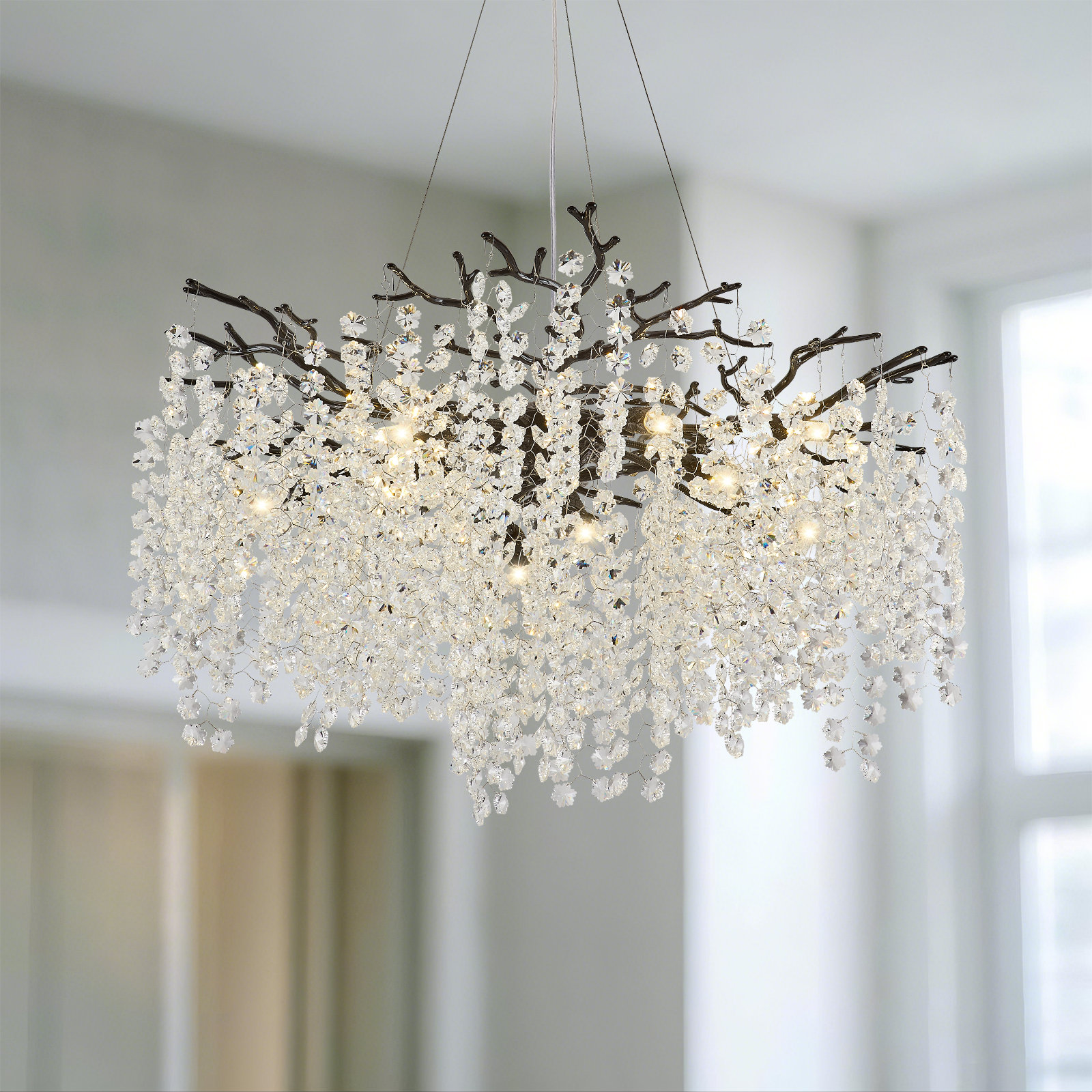 Akari Lanterns Silver Tree Branch Crystal Snow Chandelier Lighting 24"D ...