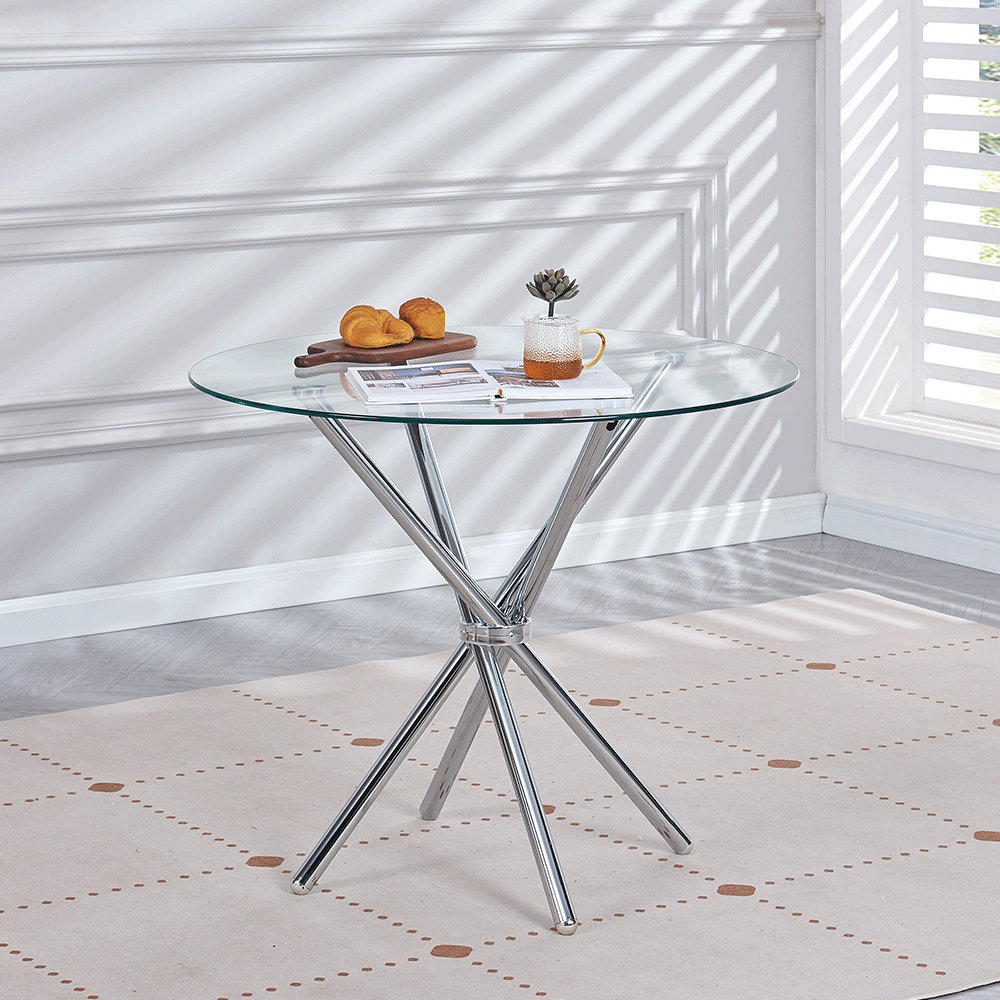 Round Glass Dining Table With Tempered Glass Top And Metal Leg, Round Kitchen Table For Restaurant 90 X 90 X 75 Cm