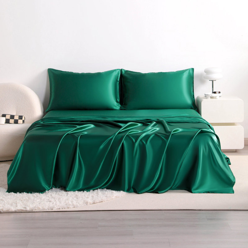 Ensemble de draps soyeux et soyeux, doux pour les cheveux et la peau, infroissable, infroissable, Vert foncé