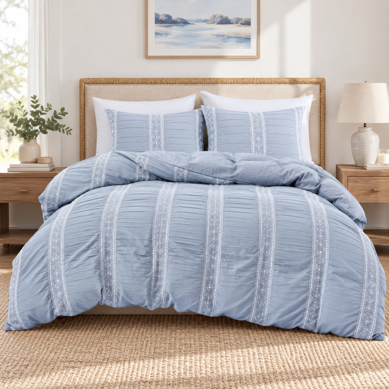 Literie 2 pièces en microfibre à motif géométrique en dentelle, avec envers texturé, fermeture éclair invisible et attaches aux coins, toutes saisons, lavable à la machine, bleu