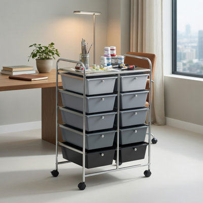  Chariot de rangement roulant à 10 tiroirs avec roues verrouillables et plateforme supérieure en filet, organisateur en métal pour la maison, le bureau et la salle de classe, argent et gris