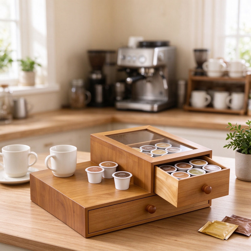 Wooden Coffee Pod Organizer Storage Box with Clear Acrylic Lid and Two Drawers, Natural Paulownia Wood Countertop Coffee Station for Pods, Tea Bags and Accessories