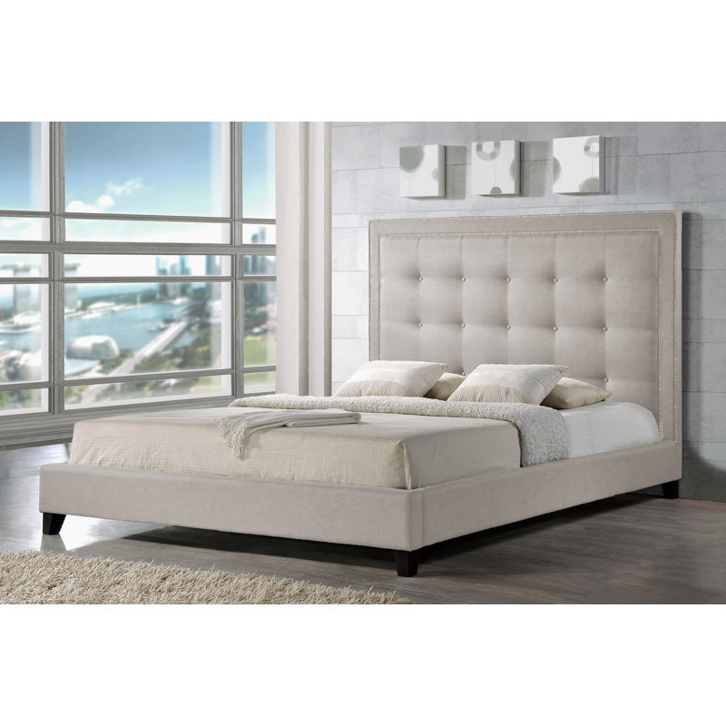 Lit plateforme tapissier capitonné Chelsia, Gris, Grand