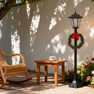 44" Adjustable Solar Pathway Light - Outdoor Holiday Decoration With Built-in Pine Wreath & Red Bow, Weatherproof Plastic Base For Garden, Porch