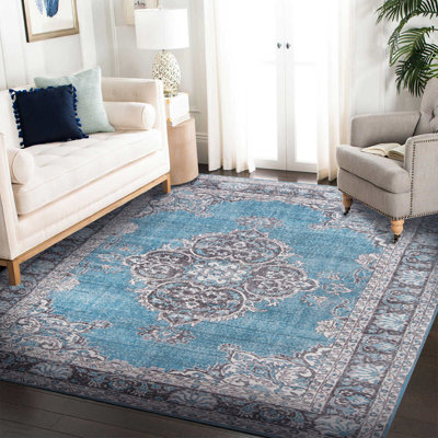 Vintage Patterned Woven Base Decorative Blue Carpet