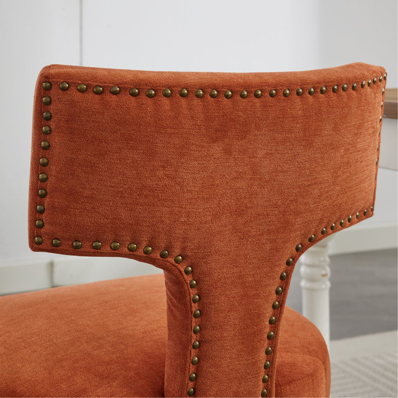 Mid Century Modern 2 Dining , Orange Linen Upholstered Chairs With Curved And Copper Nails, Hardwood Build For Stability, Foam Cushion A Relaxing Seat Of 2 Chairs, Orange. Fabric Chair Decorated