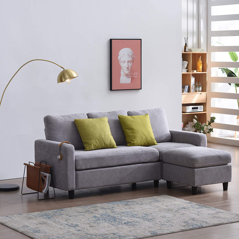 Billups 3 Seater Fabric Sofa & Chaise, Light Grey