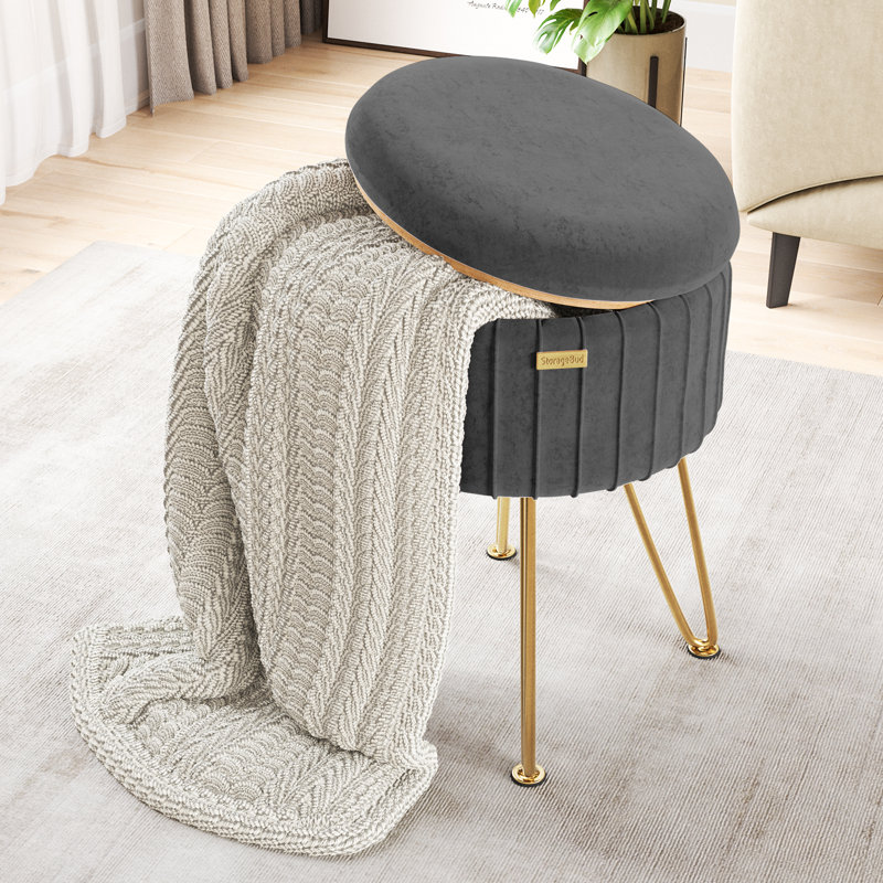 Round Pleated Velvet Ottoman with Storage, Gray, Gold