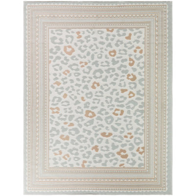 Lerambert Blue/Coral Leopard Print Border Indoor/Outdoor Area Rug