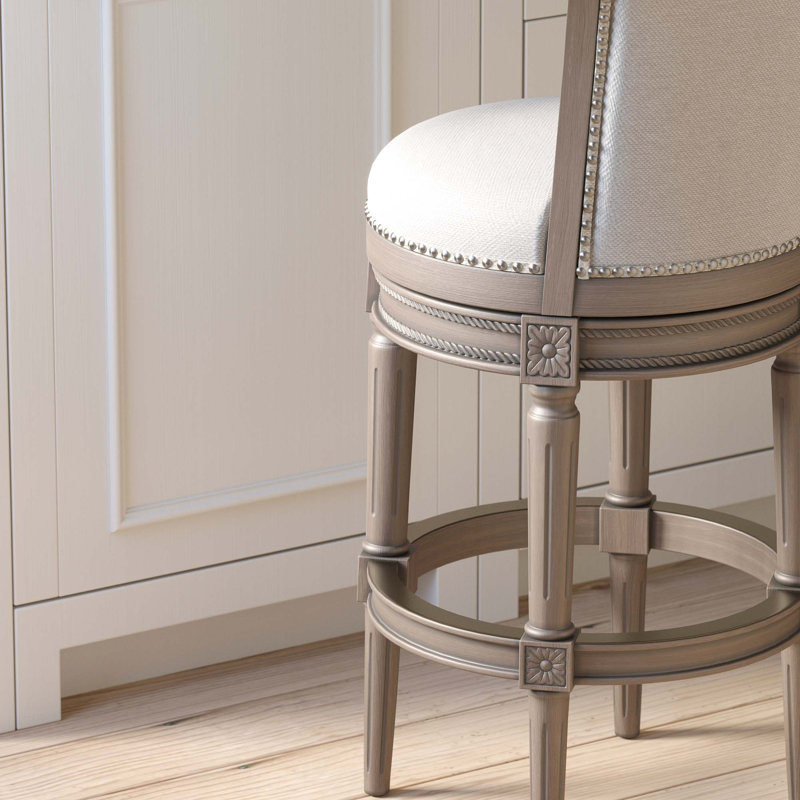 Tabouret de bar pivotant en bois avec haut dossier et options de hauteur convertible, Siège blanc / cadre blanc ivoire