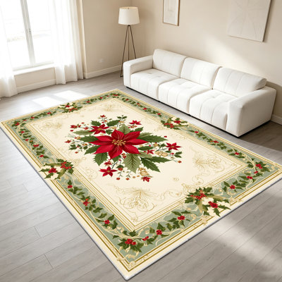 1PC Vintage Christmas Poinsettia & Holly Floral area rugs for Living Room, Soft and Comfortable, Suitable for all seasons, easy-to-maintain, machine washable Indoor floor mat, suitable for dining table, Home Decor, Outdoor Decor.