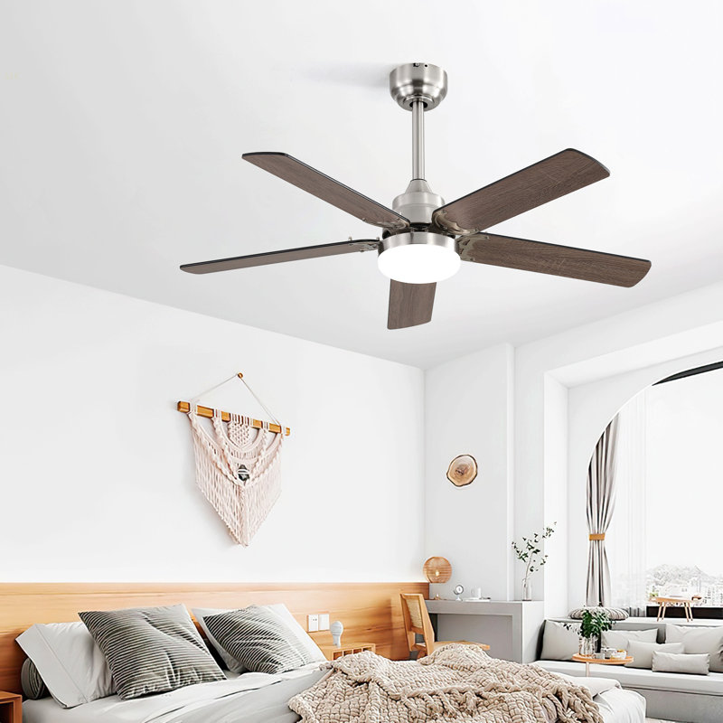 42 Inch Ceiling Fan 5 Blades Noiseless Reversible Dc Motor Remote Control With Led Light, Nickel, Black