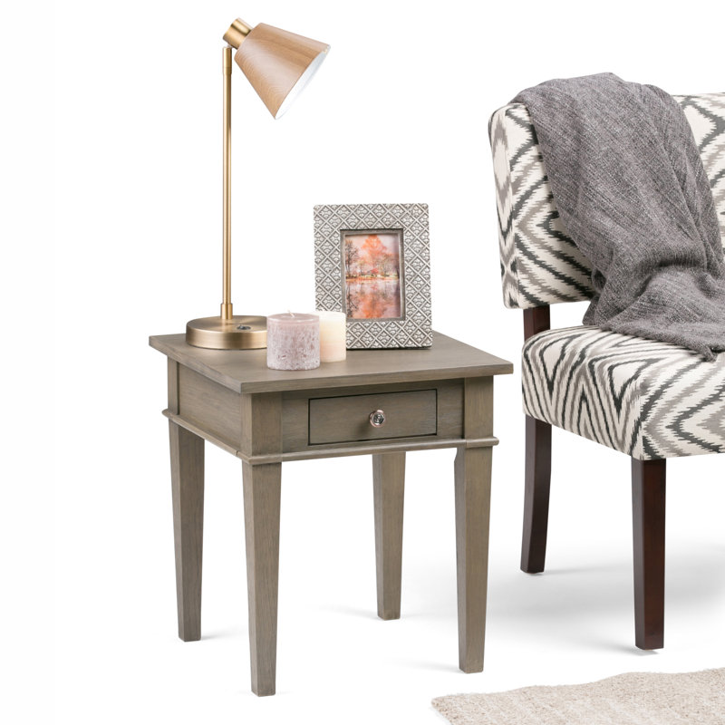 Carlton Solid Wood Transitional Square End Table with Storage Drawer, Farmhouse Grey