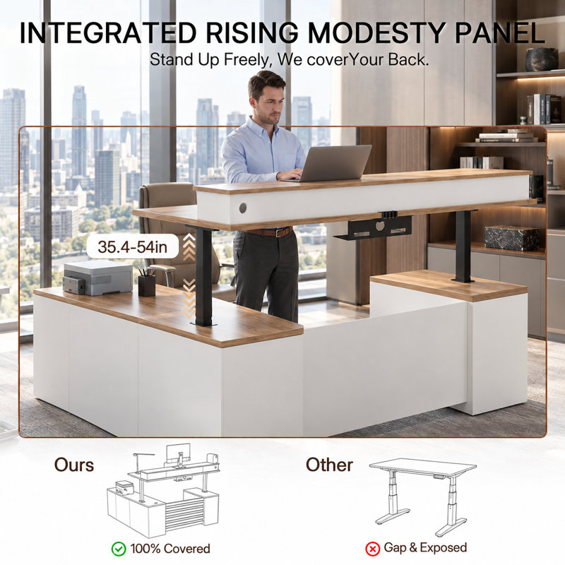 Comptoir d'accueil moderne de 220 cm (86,6 po) avec éclairage DEL, tiroir verrouillable, rangement pour dossiers, prises de courant intégrées et gestion des câbles, idéal pour les bureaux, salons de coiffure et commerces.