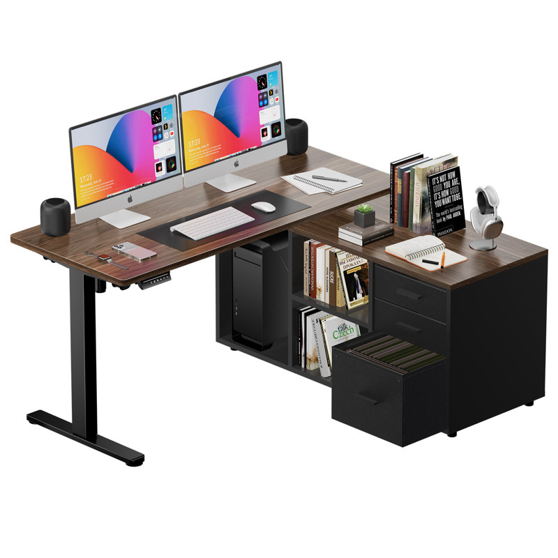 Berat L-shaped Executive Standing Desk With Reversible File Cabinet, Brown/Black