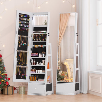 Armoire à bijoux 5 en 1 avec lumières à DEL, organisateur d'armoire à bijoux pivotant à 360 ° avec tiroir et miroir pleine grandeur, blanc